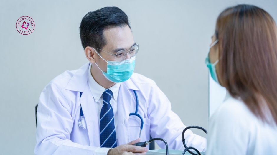 Bác sĩ thăm khám bệnh nhân bị sốt sau tiêm filler