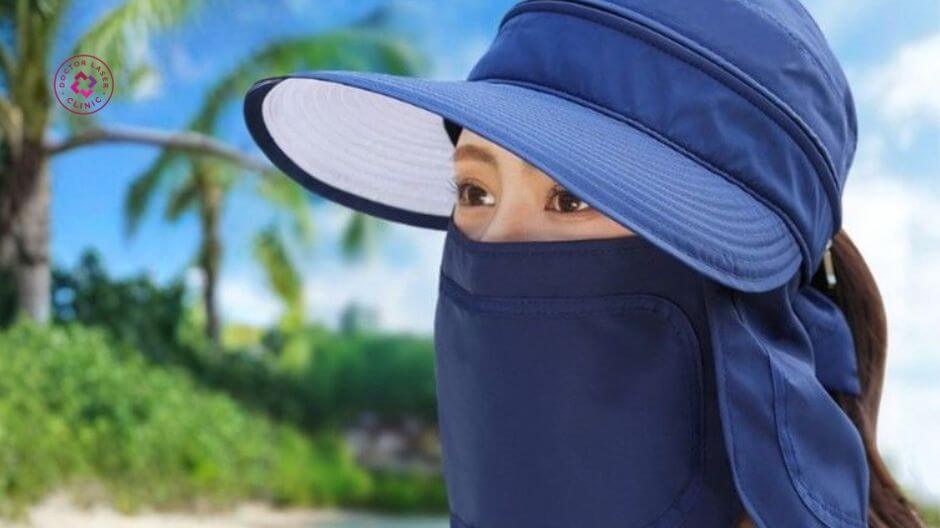 che chắn bằng khẩu trang và mũ rộng vành sau tiêm filler