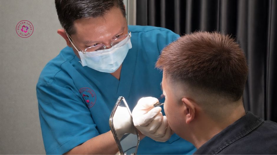 bác sĩ đánh giá vùng mắt trước tiêm filler doctor laser