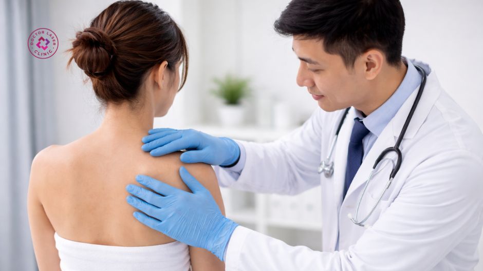 bác sĩ khám mụn bọc ở lưng cho bệnh nhân