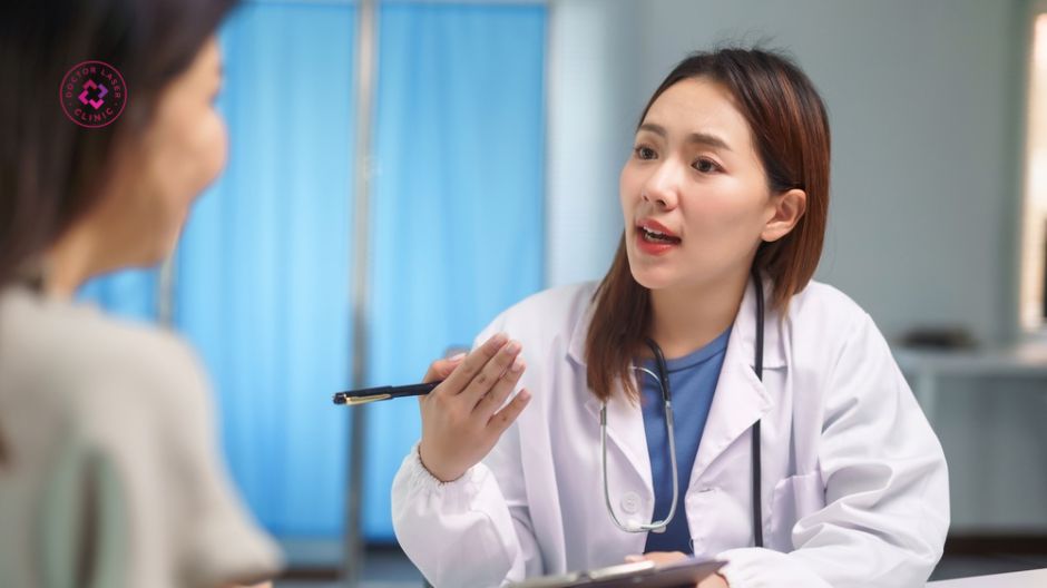 bác sĩ thăm khám sẹo lồi trước khi laser co2