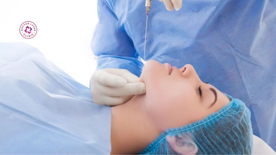 bác sĩ thực hiện căng chỉ xóa nọng cằm