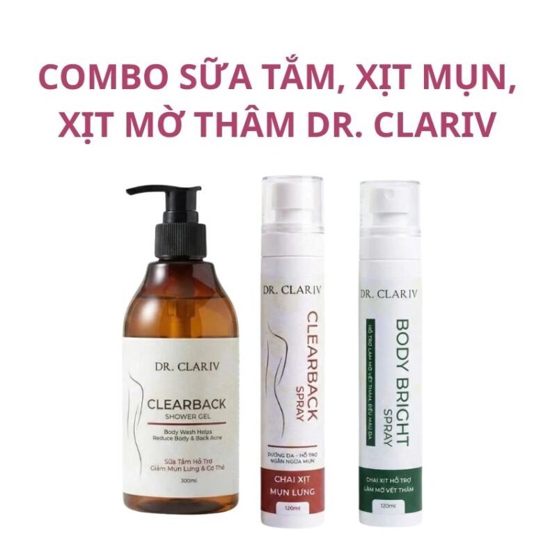 combo sữa tắm xịt mụn xịt mờ thâm dr clariv