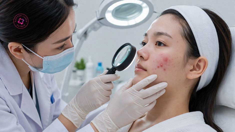 bác sĩ thăm khám đánh giá mụn bọc