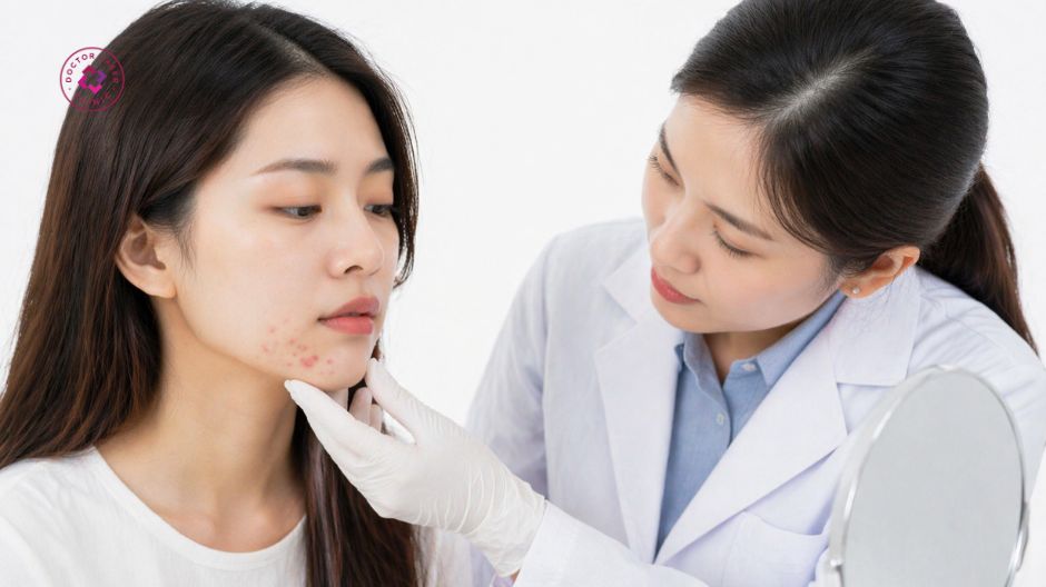 bác sĩ thăm khám mụn trứng cá ở cằm