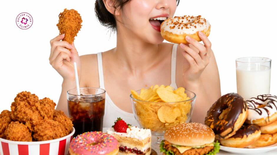 chế độ ăn uống không lành mạnh gây mụn trứng cá ở má