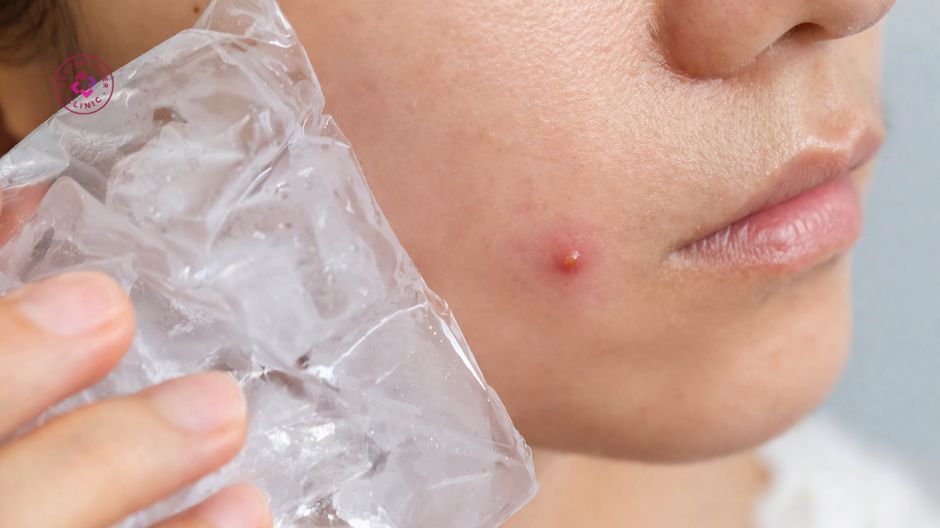 chườm đá lạnh giảm sưng viêm mụn
