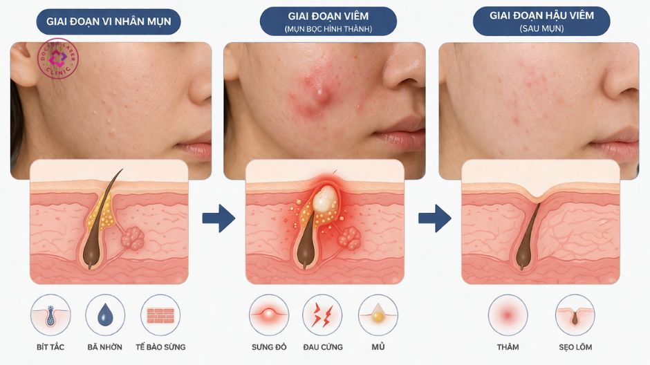 giai đoạn hình thành mụn bọc ở má vi nhân viêm hậu viêm