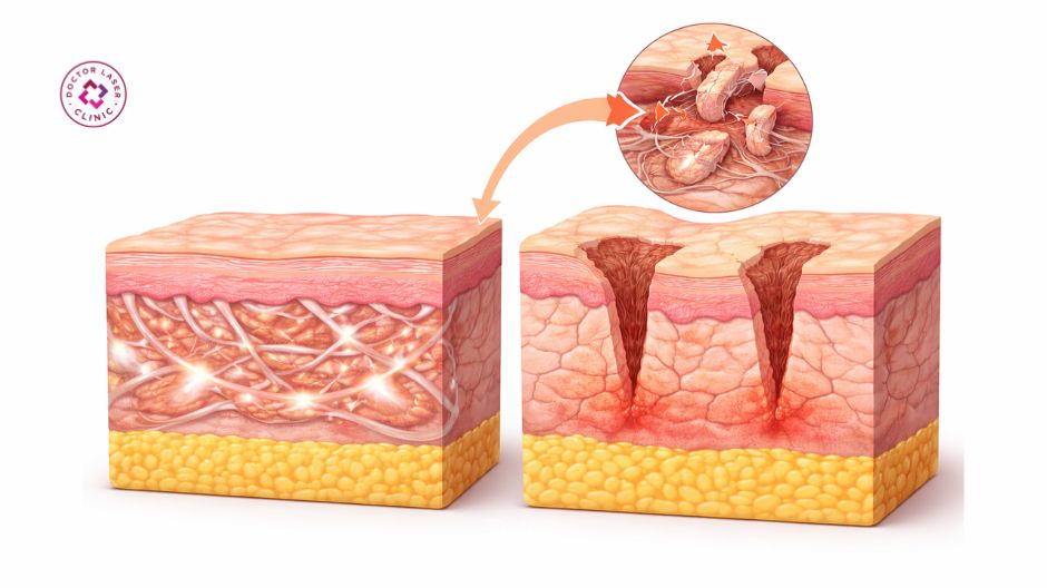 hình thành sẹo rỗ do tổn thương collagen