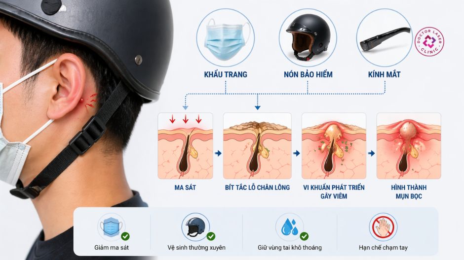 ma sát gây mụn bọc vành tai