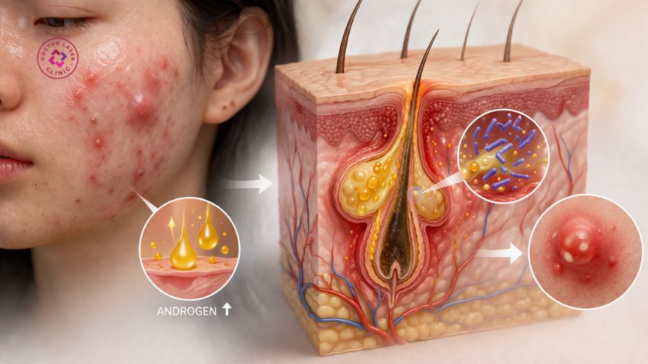 mụn bọc sưng đỏ tăng tiết bã nhờn cơ chế hình thành