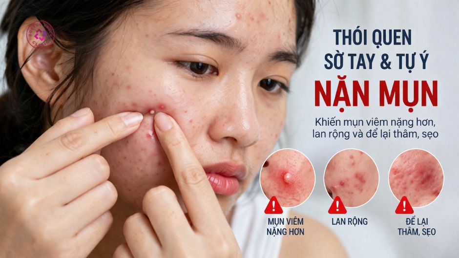 tự ý nặn mụn khiến mụn viêm nặng hơn lan rộng