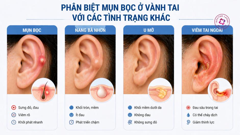 phân biệt mụn bọc ở vành tai