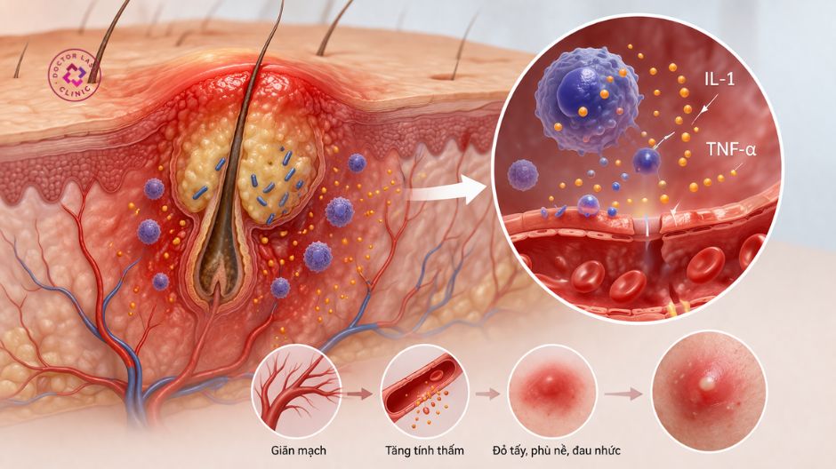 Phản ứng viêm miễn dịch gây mụn bọc sưng đỏ