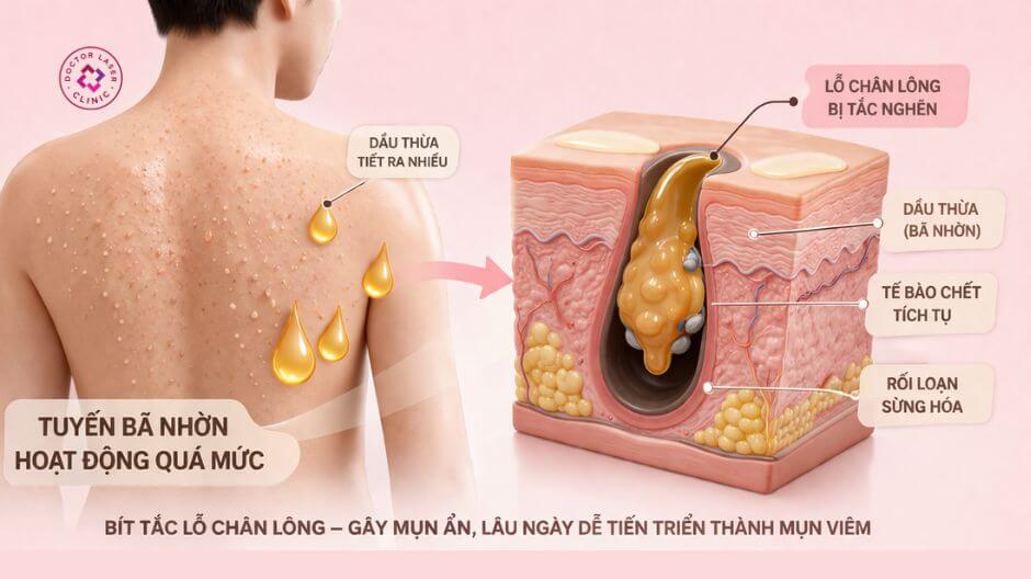 tuyến bã nhờn hoạt động quá mức gây mụn ẩn ở lưng