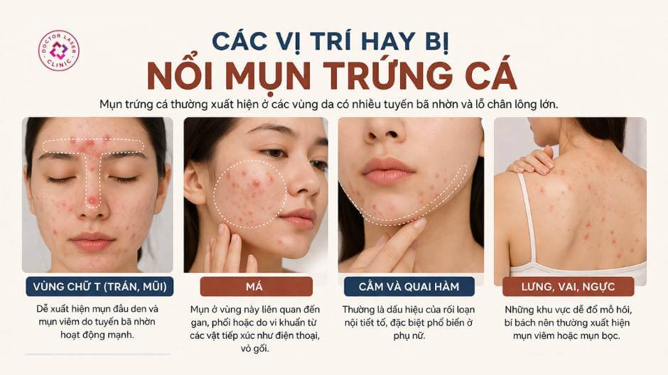 vị trí thường gặp nổi mụn trứng cá