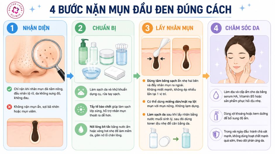 4 bước nặn mụn đầu đen đúng cách