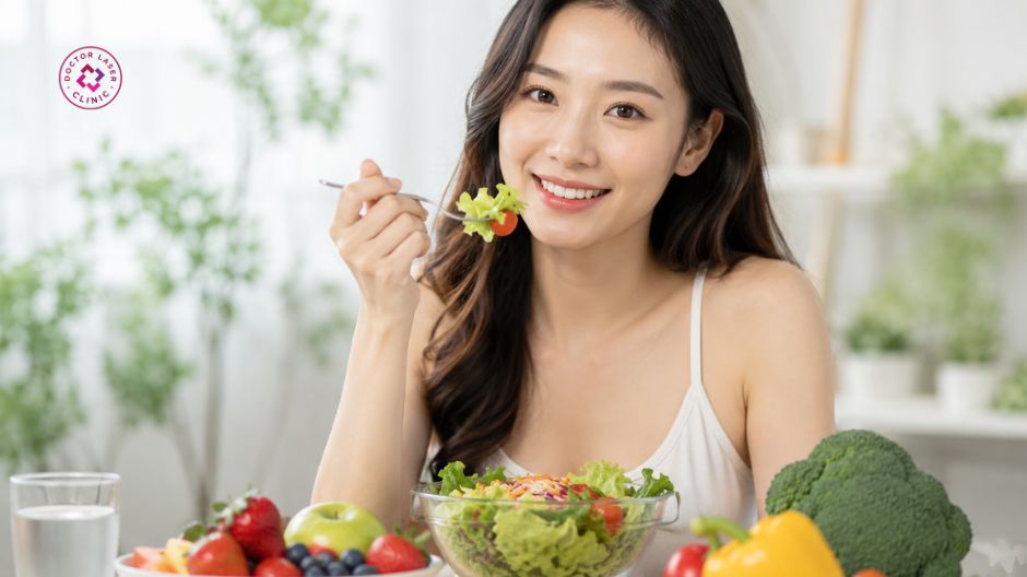 ăn rau xanh trái cây ngăn ngừa mụn ở trán