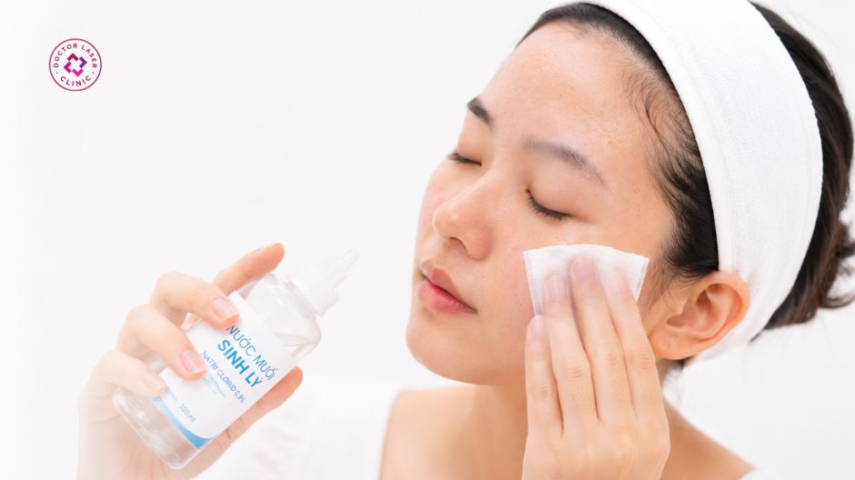 làm sạch da bằng nước muối sinh lý sau peel
