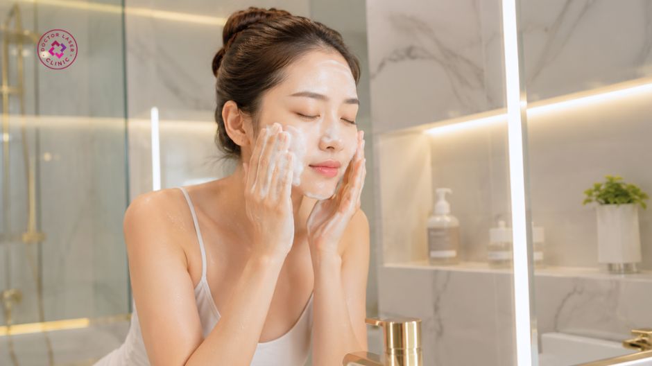 làm sạch da đúng cách khi bị mụn đầu trắng