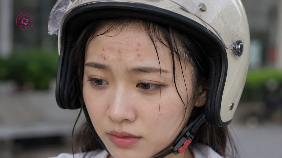 mụn ở trán do mũ bảo hiểm bẩn