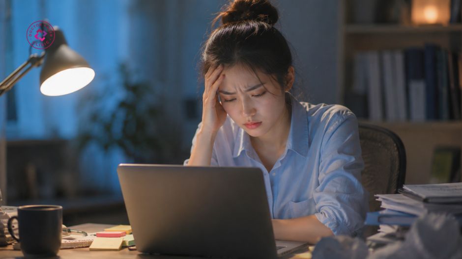 thức khuya căng thẳng gây mụn ở ngực