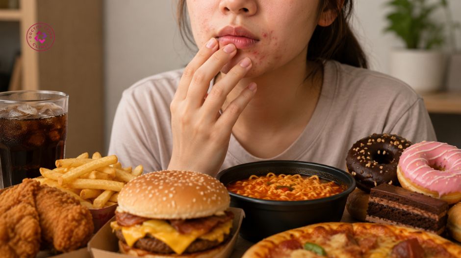 chế độ ăn uống sinh hoạt gây mụn trứng cá quanh miệng