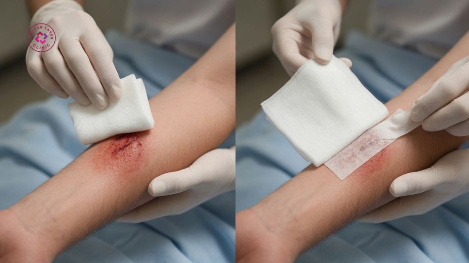 che phủ vết thương bằng gạc sạch để hạn chế sẹo lồi