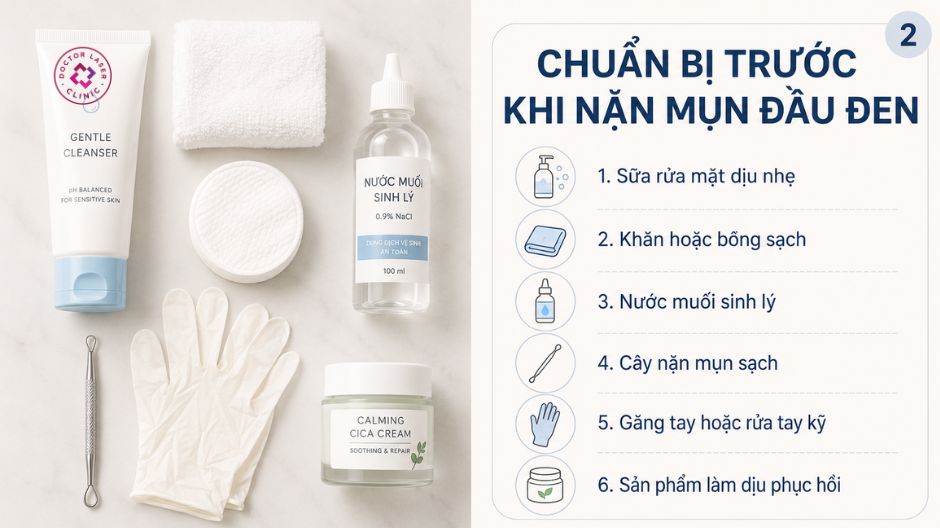 chuẩn bị dụng cụ nặn mụn đầu đen ở mũi