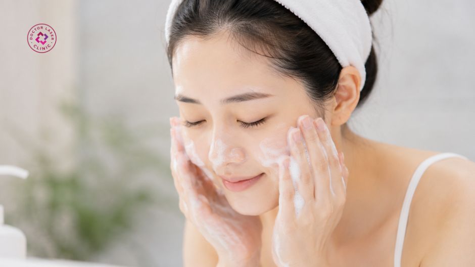 làm sạch da nhẹ nhàng sau khi trị mụn đầu đen ở trán