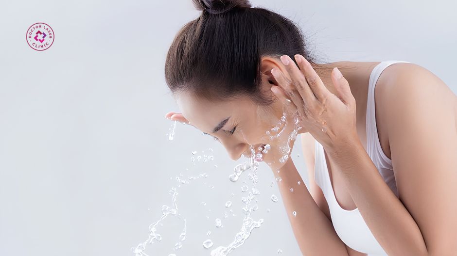 vệ sinh da bằng nước muối sinh lý sau nặn mụn đầu đen