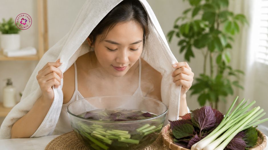 xông hơi mặt bằng sả và tía tô khi mụn đầu đen