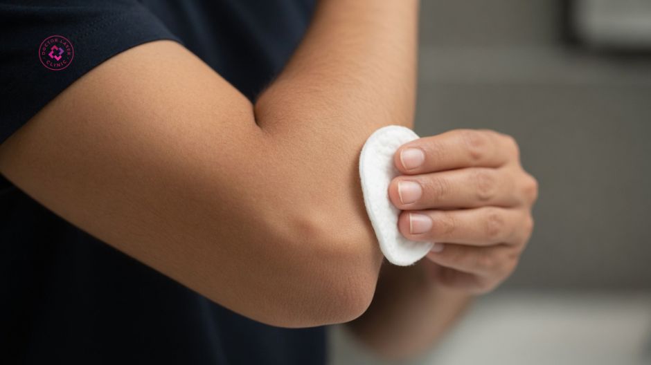 làm sạch nhẹ nhàng sau điều trị thâm khuỷu tay