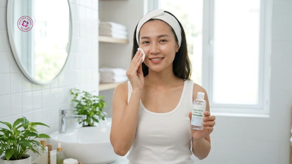 làm sạch vết thương bằng nước muối sinh lý sau khi nặn mụn