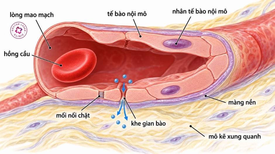 cấu tạo thành mao mạch máu gồm tế bào nội mô màng nền và khe gian bào